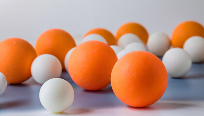 orange ping pong balls surrounded with white balls one white background - obrazy, fototapety, plakaty