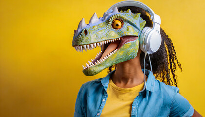 woman with dinosaur mask on a yellow background listens to music