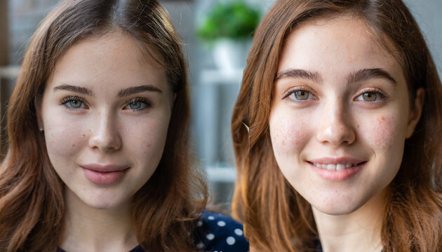 two close up faces of young beautiful woman show real result before and after acne treatment split screen home background concept of acne therapy scars inflammation on face and problem skin ugc