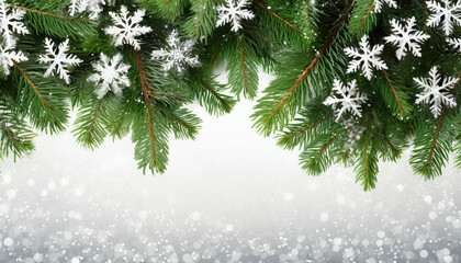 border of isolated green christmas tree branches at the edge on background with sparkling white snowflakes on white background with copy space png