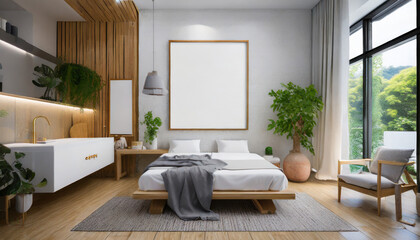 a beautiful canvas frame 3d mockup in modern living room bed room kitchen bathroom interior created with ai