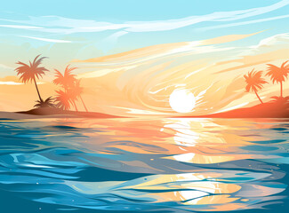 Fototapeta na wymiar Tropical sea background illustration with blue sky, sparkling water reflections.