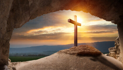 crucifixion at sunrise empty tomb with shroud resurrection of jesus christ - obrazy, fototapety, plakaty