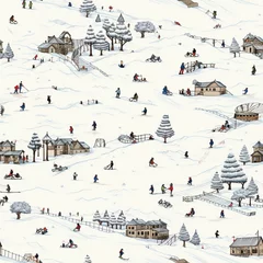 Winter landscape with ski resort seamless tile pattern on white background, people playing having fun in the snow, sliding on sleigh and skiing, snowy pine trees, merry Christmas holiday scene
