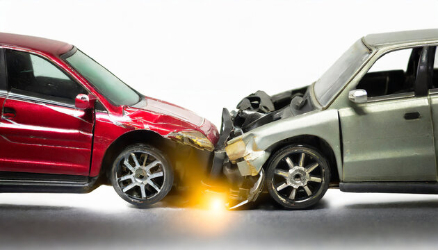 two cars accident violently facing each other on isolated white background generative ai