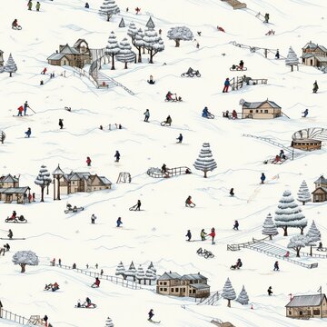 Winter landscape with ski resort seamless tile pattern on white background, people playing having fun in the snow, sliding on sleigh and skiing, snowy pine trees, merry Christmas holiday scene