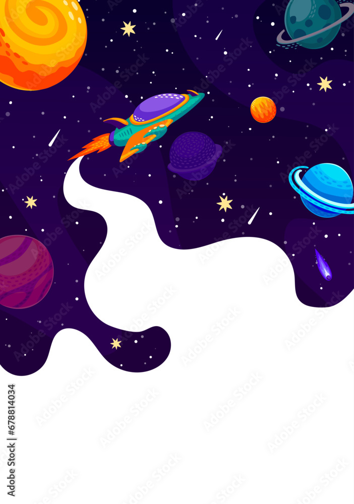 Poster space starship in starry galaxy, spaceship rocket flying to planet moon, vector poster. cartoon oute