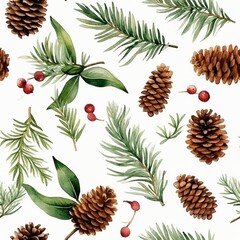 Seamless tile pattern with pine cones and branches, beautiful wallpaper on white background design evoking nature and winter, festive time, Christmas and end of the year celebration illustration