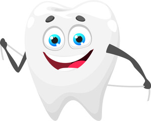 Cartoon tooth with dental floss, happy and smiling for healthy teeth and dental care, vector character. Kids dentistry clinic or teeth hygiene cleaning poster with cute white tooth and dental floss