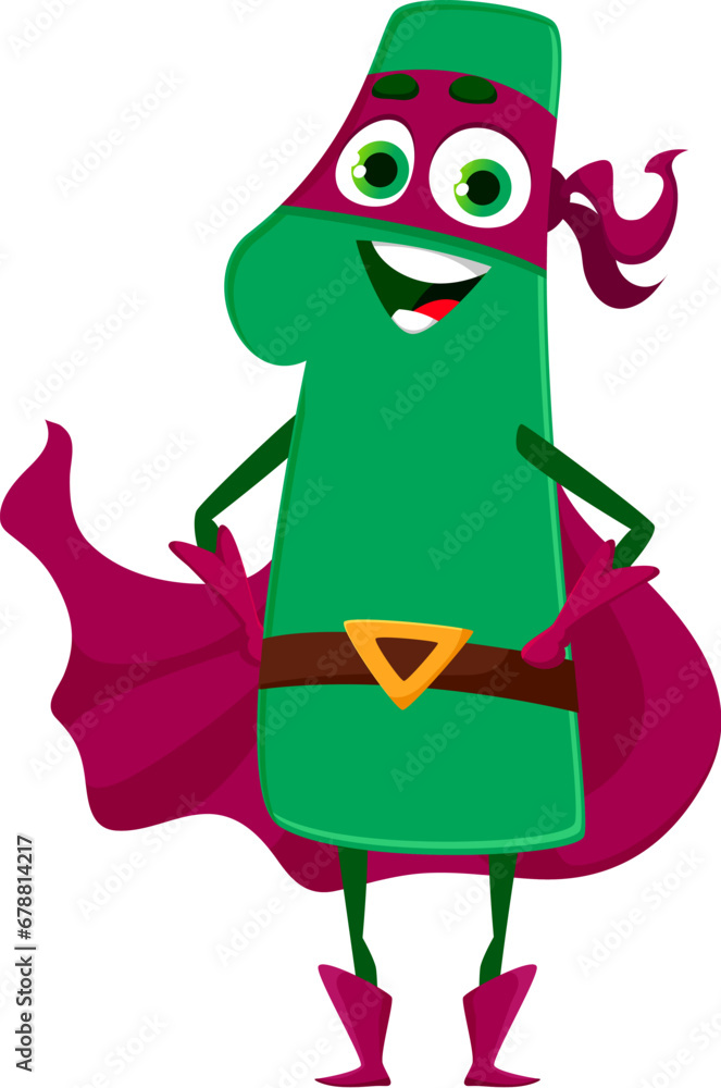 Poster cartoon math number one superhero character. isolated vector playful and charming digit 1 defender p