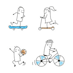 Set of stickmans do different physical activities. Do sports set. Vector cartoon stick figure cycling, playing basketball,  skateboarding on skateboard,  ride on a  scooter.
