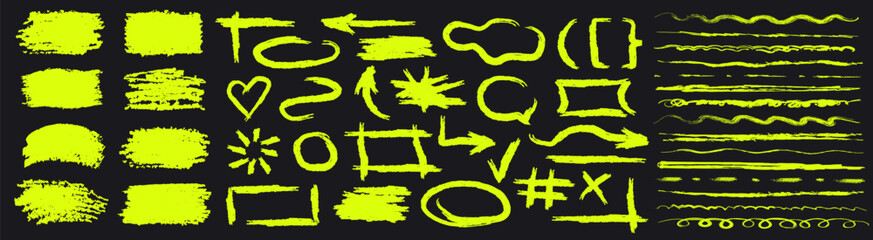 Set of yellow textured sketchy highlighters on black background. Doodle rough grunge underline markers, text boxes, brush strokes, hand drawn frames, arrows, emphasis, doodle bubbles, etc.