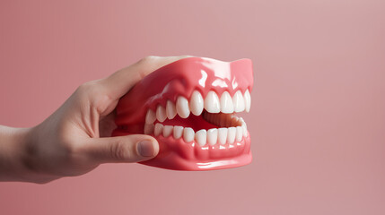 dentist's hand holds a mockup of a human jaw or oral cavity. ai generative - obrazy, fototapety, plakaty