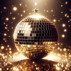 Obraz premium Frame of Glittering Disco Ball a Sparkling Disco Ball Reflec New Year Eve Concept Idea, A disco ball on a reflective surface with lights behind it and also beautiful star on it