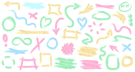 Collection of colorful sketchy cute figures in scribbled shape. Hand drawn pastel brush elements - frames, arrows, scratches, highlighters, underlines, dividers, swirls. Childish doodle brush strokes