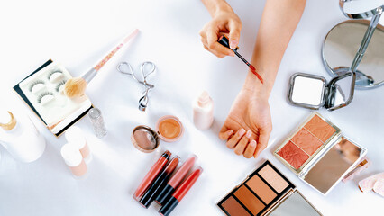 Close up top view image of beauty blogger or influencer shoot uttermost social media marketing or tutorial on online live streaming platform