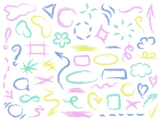 Collection of cute pastel linear sketchy frames, ovals, squares, arrows, check marks, crosses, underlines, chat bubbles, emphasis, numbers, etc. Colorful doodle brush or pencil childish scribbles