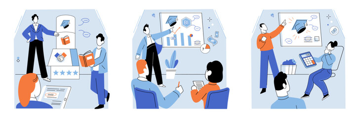 Business training vector illustration. Attending lectures on business management provides insights into effective leadership and organizational strategies Teaching business requires effective