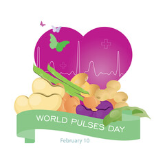 February 10 World Legume Day.
Heart, healthy life and in front of it different legumes, such as soybeans, chickpeas, lupins, lima beans, kidney beans and soya beans.
