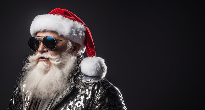 Generative AI photo of cool street vibe Santa Claus in cherry red jacket and sunglasses on a dark back background with copy space