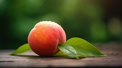 Beautiful organic close up ripe peach on nature outdoor background with copy space.
