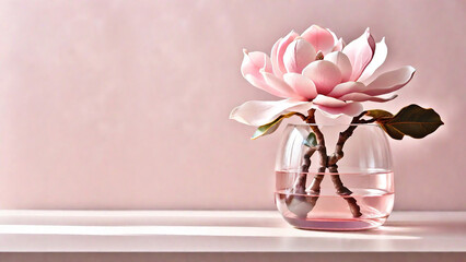 Magnolia flower in a glass vase on a white shelf against a pink wall. Copy space