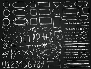 Set of vector realistic sketchy white chalk elements - frames, ovals, squares, arrows, check marks, crosses, scribbles, underlines, chat bubbles, emphasis, numbers, etc. Doodles on chalkboard