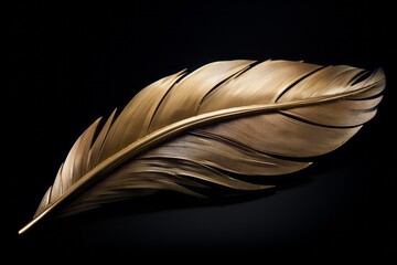 Single feather bathed in warm light, minimalist design with a tranquil feel. - obrazy, fototapety, plakaty