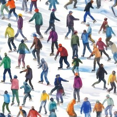Seamless tile pattern of silhouettes of people skating on ice, people having fun outdoors in winter, ice-skating on frozen lake on white snowy background, healthy living and state of mind, sports