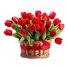 Beautiful red tulip flowers in a small wicker basket isolated on transparent background, png clip art, floral element.