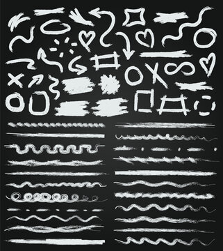 Collection of white textured sketch chalk elements on chalkboard. Rough grunge underline markers, text boxes, brush strokes, hand drawn frames, arrows, emphasis, doodle bubbles, etc