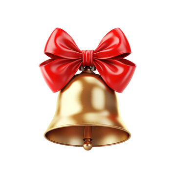 Beautiful shiny Christmas bell with red silk bow isolated on transparent background, png decorative clip art element. Festive object.