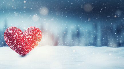 Fototapeta premium Red heart on the background of snow. Heart in the snow, New Year's mood. Christmas wallpaper.