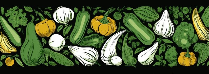 white vegetable and fruit pattern with a green background Generative AI - obrazy, fototapety, plakaty