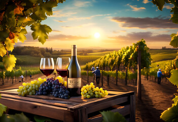 Vineyard grape harvest at winery with bottle of wine and glasess surrounded by grapes in a vineyard with workers harvesting grapes on rustic wooden table on a sunny morning - obrazy, fototapety, plakaty