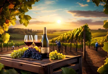Foto op Plexiglas Vineyard grape harvest at winery with bottle of wine and glasess surrounded by grapes in a vineyard with workers harvesting grapes on rustic wooden table on a sunny morning © ronniechua