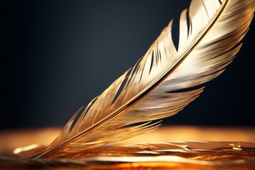 Delicate golden feather close-up with intricate details and soft lighting for a tranquil feel.