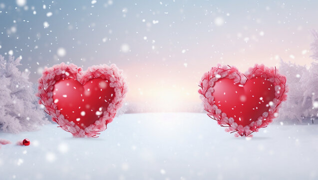 Red heart on the background of snow. Heart in the snow, New Year's mood. Christmas wallpaper.