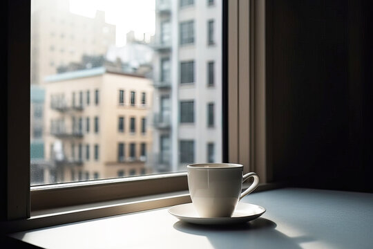 A cup of coffee on a table in front of a window overlooking city buildings