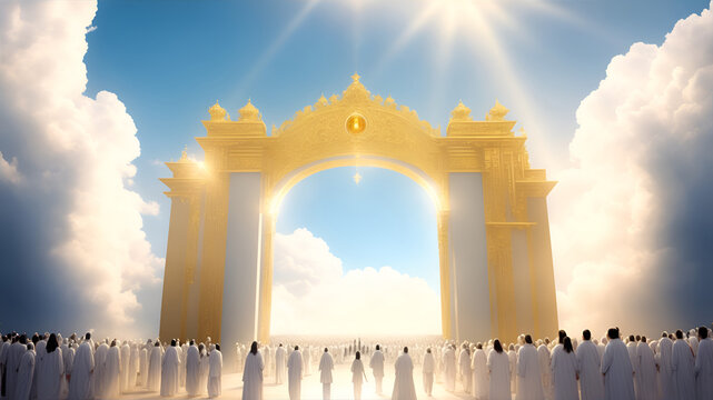 The righteous in white robes at the shining gates of the entrance to the Kingdom of Heaven