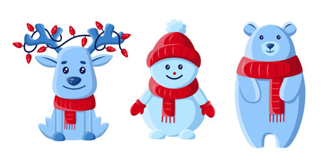 Deer, snowman, bear, winter animal characters, vector illustration 