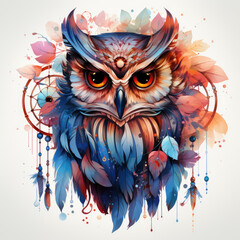 Watercolor Owl with Dreamcatcher Clipart illustration Generative Ai - obrazy, fototapety, plakaty