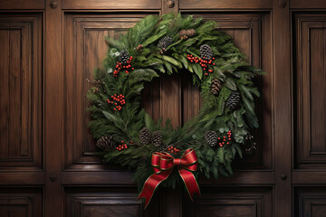 corona verde decorada con motivos navideños con lazos rojos sobre puerta de madera oscura de una casa - obrazy, fototapety, plakaty