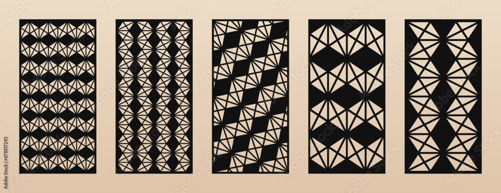 Aufkleber Set of modern laser cut panels. Vector abstract geometric patterns with hexagonal grid, lines, triangles. Decorative stencil for laser, CNC cutting of wood, metal, paper, plastic. Aspect ratio 1:2