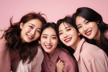 Asian female friends taking selfie smiling at camera on pink background. Laughing young women celebrating having fun together. Portrait student girls enjoying vacation. Female power feminists concept