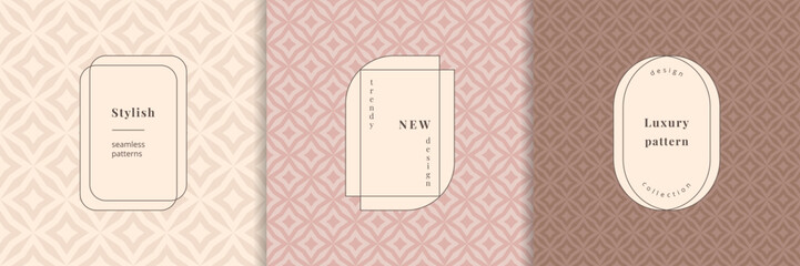 Vector geometric seamless pattern set with modern minimal labels, borders, frames. Elegant diamond grid geo texture. Luxury pastel ornament background. Design for print, banner, product package, decor