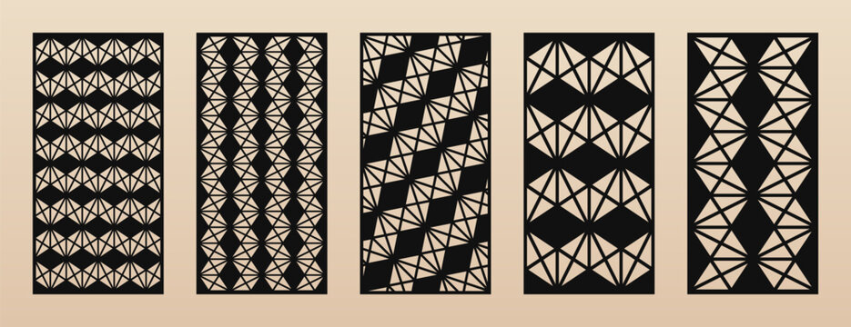 Set of modern laser cut panels. Vector abstract geometric patterns with hexagonal grid, lines, triangles. Decorative stencil for laser, CNC cutting of wood, metal, paper, plastic. Aspect ratio 1:2