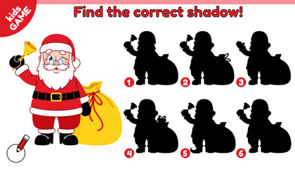 Educational game for children. Find the correct shadow. Cartoon Santa Claus ringing bell with a bag of gifts. Kids puzzle for school education with cute New Year character. Holiday vector illustration
