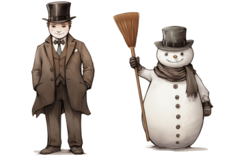 An elegant man wearing a suit and top hat next to a merry snowman holding a broom, peaceful neighbours, Christmas winter holiday greeting card, happy new year