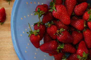 red strawberries in a blue colander red berries on wooden kitchen table